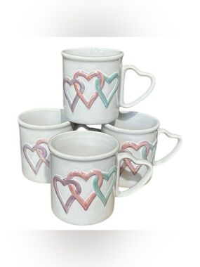 Vintage MARY KAY Set 4 Heart Handle Coffee Mugs Iridescent Trio Hearts Ceramic